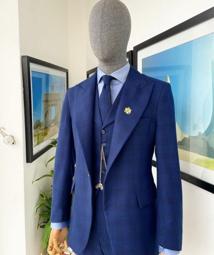 A Checkerboard Checkered Pattern, navy blue - nobility - “Board Room” peak lapel suit
