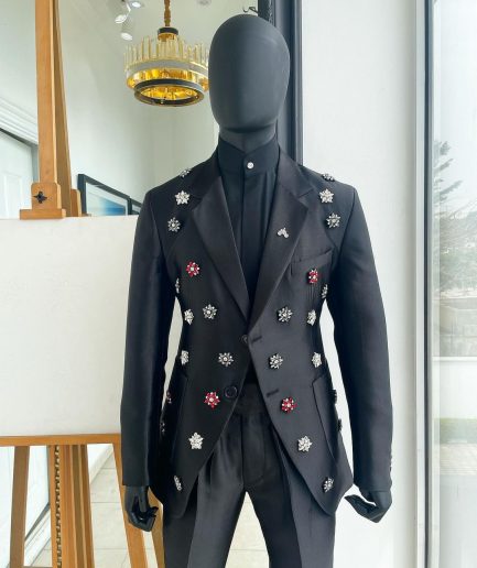 The Monochrome “okorodudu” mikado satin charcoal black notch lapel suit