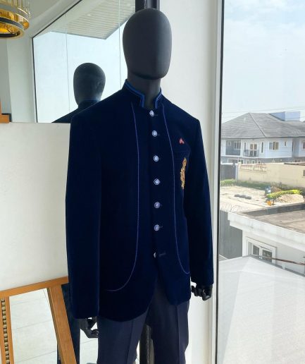 A Navy blue Soaked Italian velvet, long sleeve with woven tread taping safari suit
