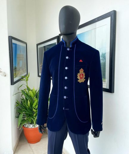 A Navy blue Soaked Italian velvet, long sleeve with woven tread taping safari suit