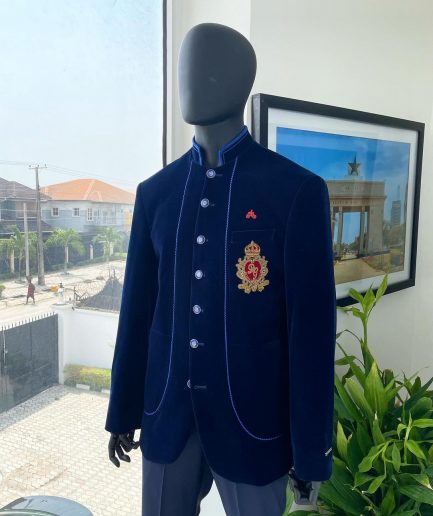 A Navy blue Soaked Italian velvet, long sleeve with woven tread taping safari suit