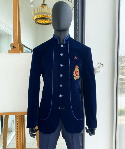 A Navy blue Soaked Italian velvet, long sleeve with woven tread taping safari suit