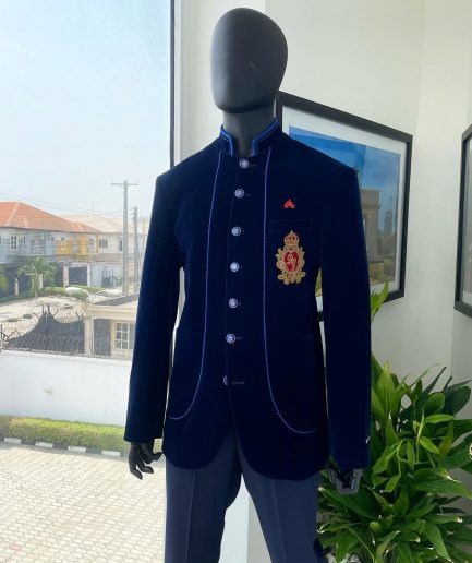 A Navy blue Soaked Italian velvet, long sleeve with woven tread taping safari suit