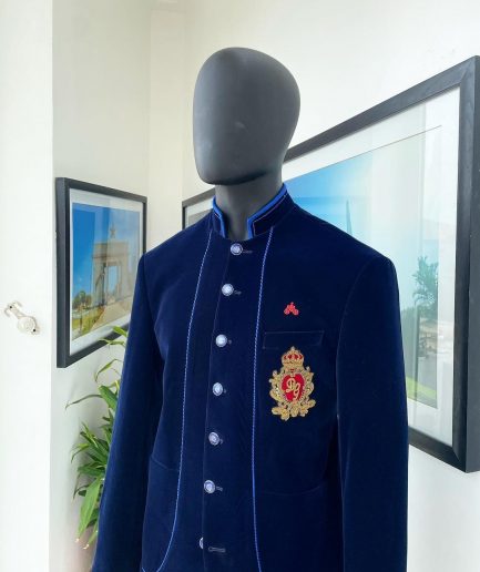 A Navy blue Soaked Italian velvet, long sleeve with woven tread taping safari suit