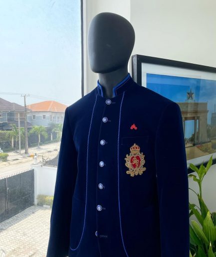 A Navy blue Soaked Italian velvet, long sleeve with woven tread taping safari suit