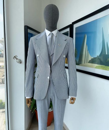 Monochrome seersucker (rail road stripe) notch lapel suit