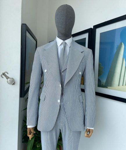 Monochrome seersucker (rail road stripe) notch lapel suit