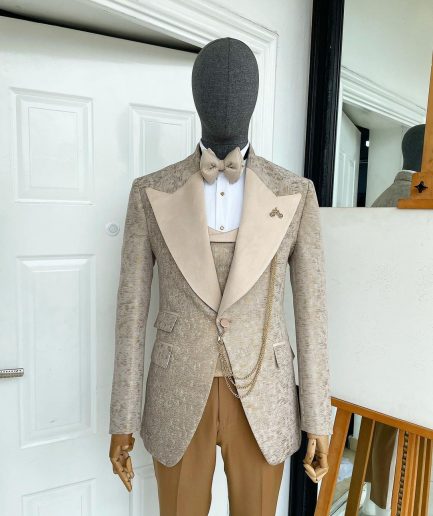 A splash of tortilla and wheat brown peak lapel metallic jacquard tuxedo suit