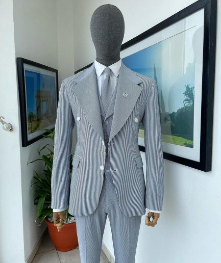 Monochrome seersucker (rail road stripe) notch lapel suit