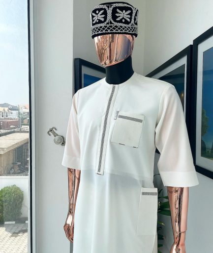 An Ivory white, Swarovski Clear Crystal Trim bling flap and pocket detailing, African traditional senator kaftan native.