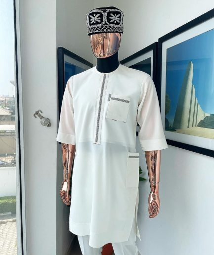 An Ivory white, Swarovski Clear Crystal Trim bling flap and pocket detailing, African traditional senator kaftan native.