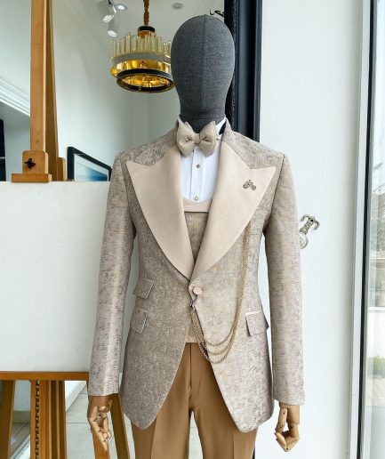 A splash of tortilla and wheat brown peak lapel metallic jacquard tuxedo suit