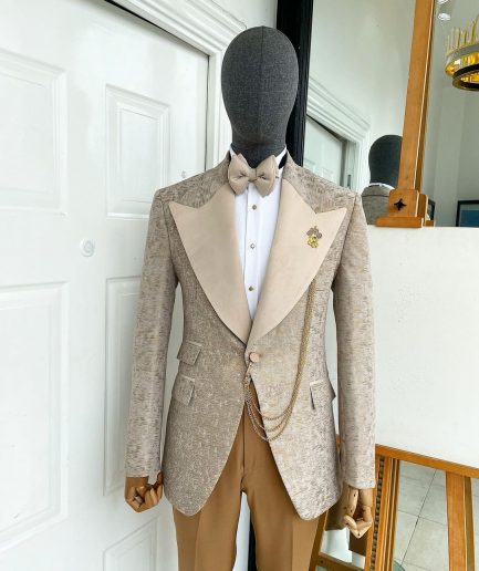 A splash of tortilla and wheat brown peak lapel metallic jacquard tuxedo suit