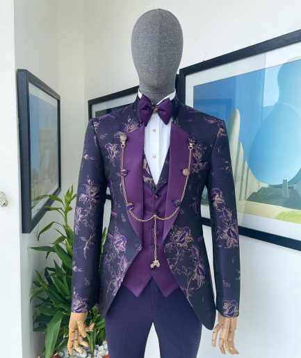 A “Vicar” Eggplant purple with a splash of gold floral metallic jacquard tuxedo suit
