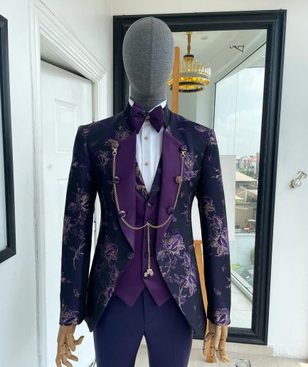 A “Vicar” Eggplant purple with a splash of gold floral metallic jacquard tuxedo suit