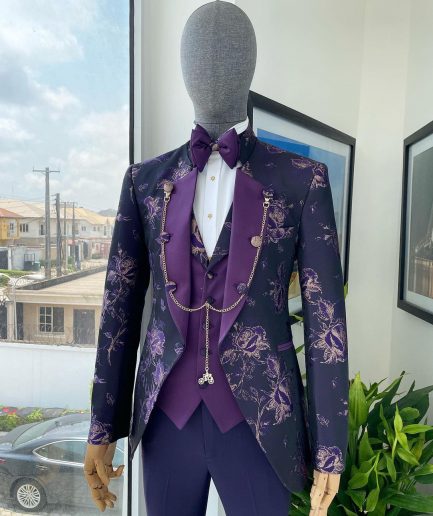A “Vicar” Eggplant purple with a splash of gold floral metallic jacquard tuxedo suit