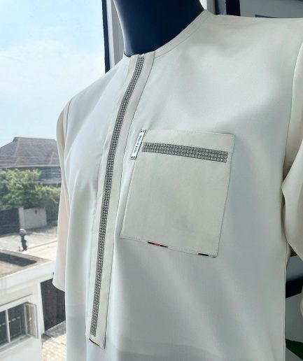 An Ivory white, Swarovski Clear Crystal Trim bling flap and pocket detailing, African traditional senator kaftan native.