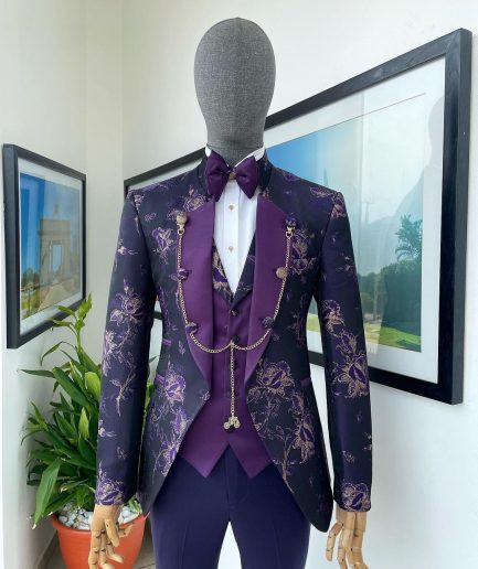 A “Vicar” Eggplant purple with a splash of gold floral metallic jacquard tuxedo suit