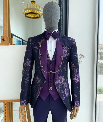 A “Vicar” Eggplant purple with a splash of gold floral metallic jacquard tuxedo suit