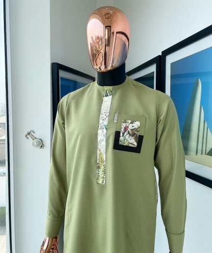 An Olive green and paisley flap detailing african traditional senator kaftan native.