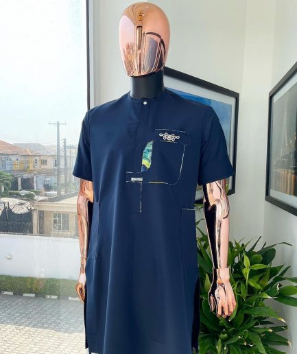 A Navy blue, multileg intersection pocket with clear view flap Swarovski button detailing african traditional senator kaftan native.