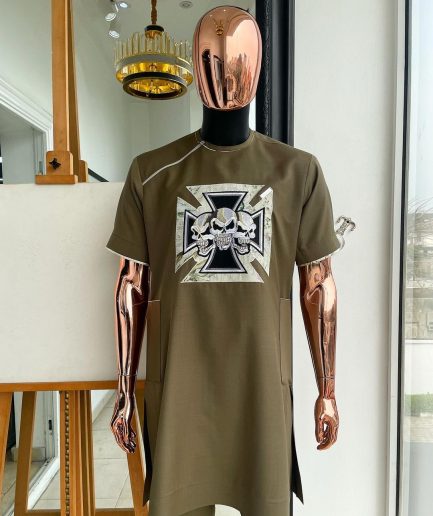 A Wood brown, 4-quadrant paisley foundation with crown skull embroidery punk biker patch detailing African traditional senator Kaftan native.