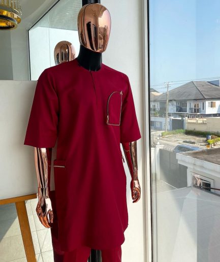 A Maroon red, combat pocket gold zip detailing african traditional senator kaftan native