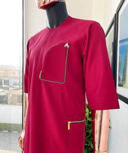 A Maroon red, combat pocket gold zip detailing african traditional senator kaftan native