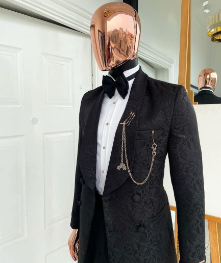 A Charcoal black, floral pattern, double-breasted shawl lapel jacquard tuxedo suit.