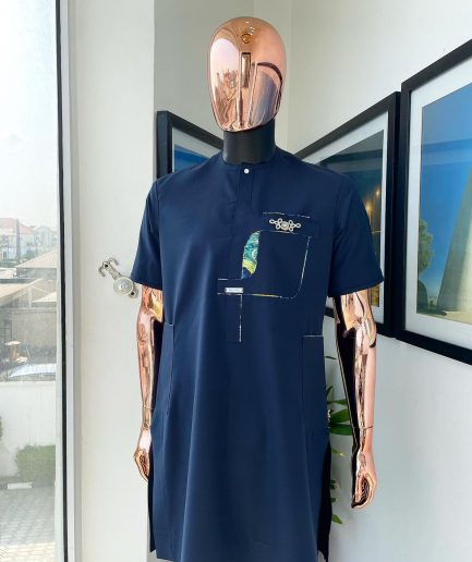 A Navy blue, multileg intersection pocket with clear view flap Swarovski button detailing african traditional senator kaftan native.