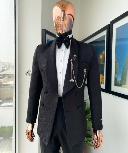 A Charcoal black, floral pattern, double-breasted shawl lapel jacquard tuxedo suit.