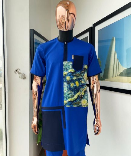A 3 sector, cloud pattern paisley, royal and navy blue box section, front flap with Swarovski button detailing kaftan native.