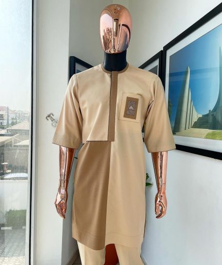 A tortilla and peanut brown, gold metallic jacquard detailing African traditional senator kaftan native