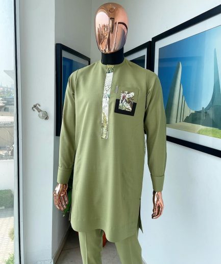 An Olive green and paisley flap detailing african traditional senator kaftan native.