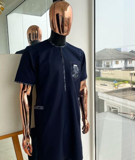 A Midnight blue, Skye blue, and black cloud pattern metallic Jacquard flap and pocket detailing African traditional senator kaftan native