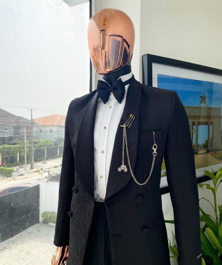 A Charcoal black, floral pattern, double-breasted shawl lapel jacquard tuxedo suit.