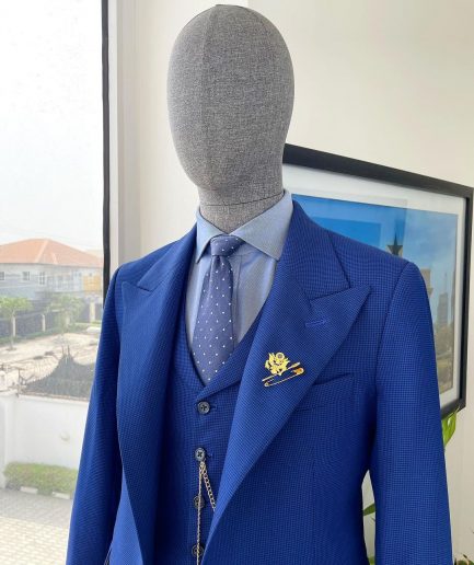 A glen plaid check, lapis blue - nobility - “Board Room” peak lapel suit