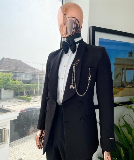 A Charcoal black, floral pattern, double-breasted shawl lapel jacquard tuxedo suit.