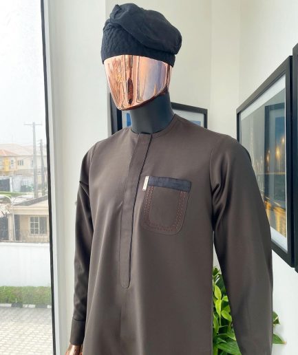 A Coffee brown front flap with black paisley pocket detailing African traditional senator Kaftan native