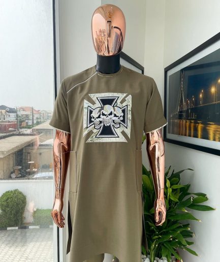 A Wood brown, 4-quadrant paisley foundation with crown skull embroidery punk biker patch detailing African traditional senator Kaftan native.
