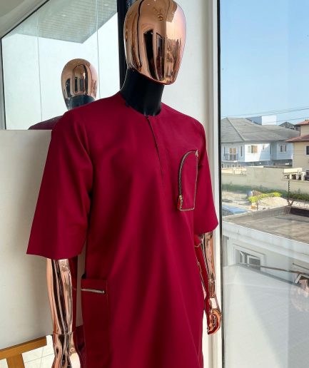 A Maroon red, combat pocket gold zip detailing african traditional senator kaftan native