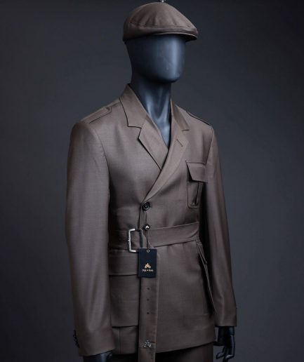 A monochrome “06-06-1944 - D-Day” Coffee brown, notch lapel, 2 button combat wrap suit