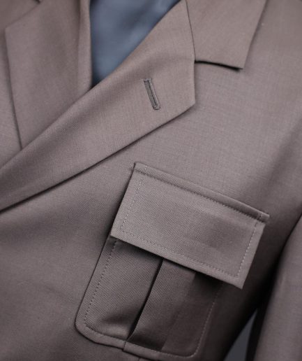 A monochrome “06-06-1944 - D-Day” Coffee brown, notch lapel, 2 button combat wrap suit