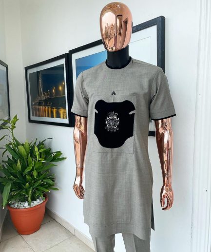 A Rhino grey, beaded hand embroidery front patch with black velvet pattern detailing African traditional senator kaftan native.