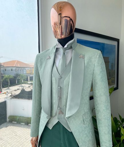 An “eloper” Pistachio green, floral pattern jacquard tuxedo suit