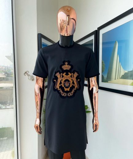 A Charcoal black, king crown Embroidery gold and black patch detailing african traditional senator kaftan native.