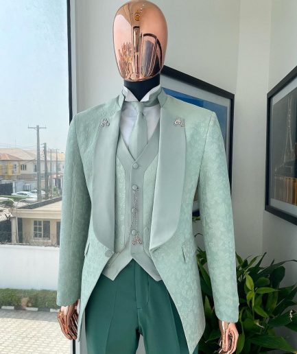 An “eloper” Pistachio green, floral pattern jacquard tuxedo suit