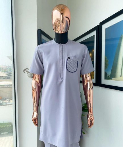 A silver grey, padded ruffles pocket detailing African traditional senator Kaftan native.