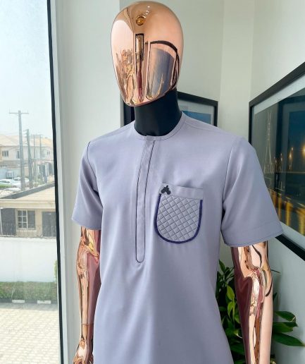 A silver grey, padded ruffles pocket detailing African traditional senator Kaftan native.