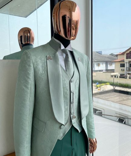 An “eloper” Pistachio green, floral pattern jacquard tuxedo suit